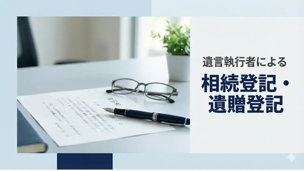 遺言書と万年筆、老眼鏡が並ぶデスクの写真｜遺言執行者による相続登記・遺贈登記の解説ブログ用アイキャッチ画像
