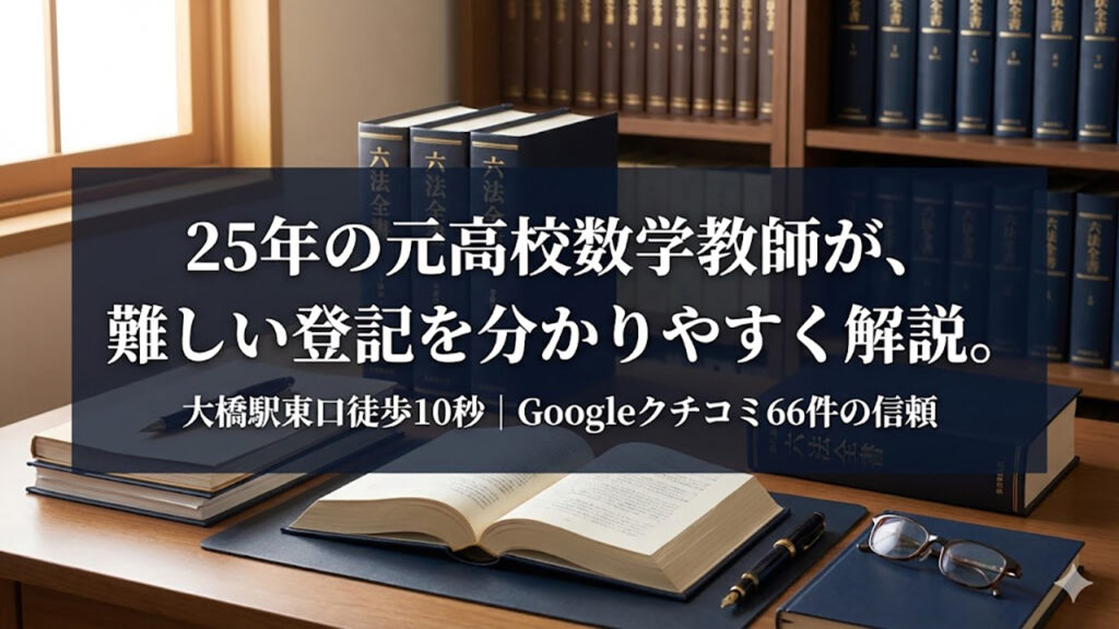 福岡市南区大橋の福岡南高垣司法書士事務所の業務案内アイキャッチ画像。元高校数学教師の司法書士が、相続登記（名義変更）、遺言作成、不動産売買、会社登記などを論理的で分かりやすく解説。大橋駅東口徒歩10秒、Googleクチコミ66件の高評価。