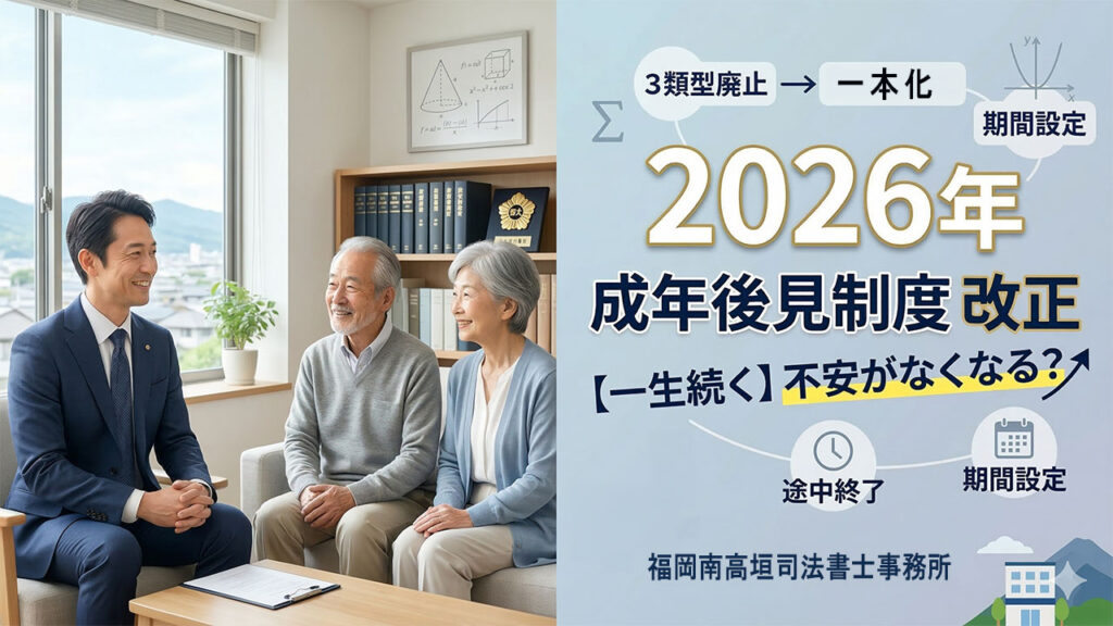 福岡市南区の福岡南高垣司法書士事務所による、2026年成年後見制度改正に関する解説ブログのアイキャッチ画像。左側には司法書士と笑顔のシニア夫婦の相談風景、右側には『3類型廃止から補助一本化』『途中終了』『期間設定』といった改正の主要ポイントが、数学的な記号やアイコンを用いた分かりやすい図解で示されている。メインタイトルは『2026年 成年後見制度 改正 【一生続く】不安がなくなる？』