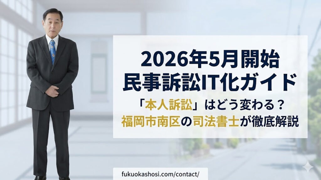 2026年5月開始の民事訴訟IT化ガイド。福岡市南区の司法書士による本人訴訟解説ブログのアイキャッチ。